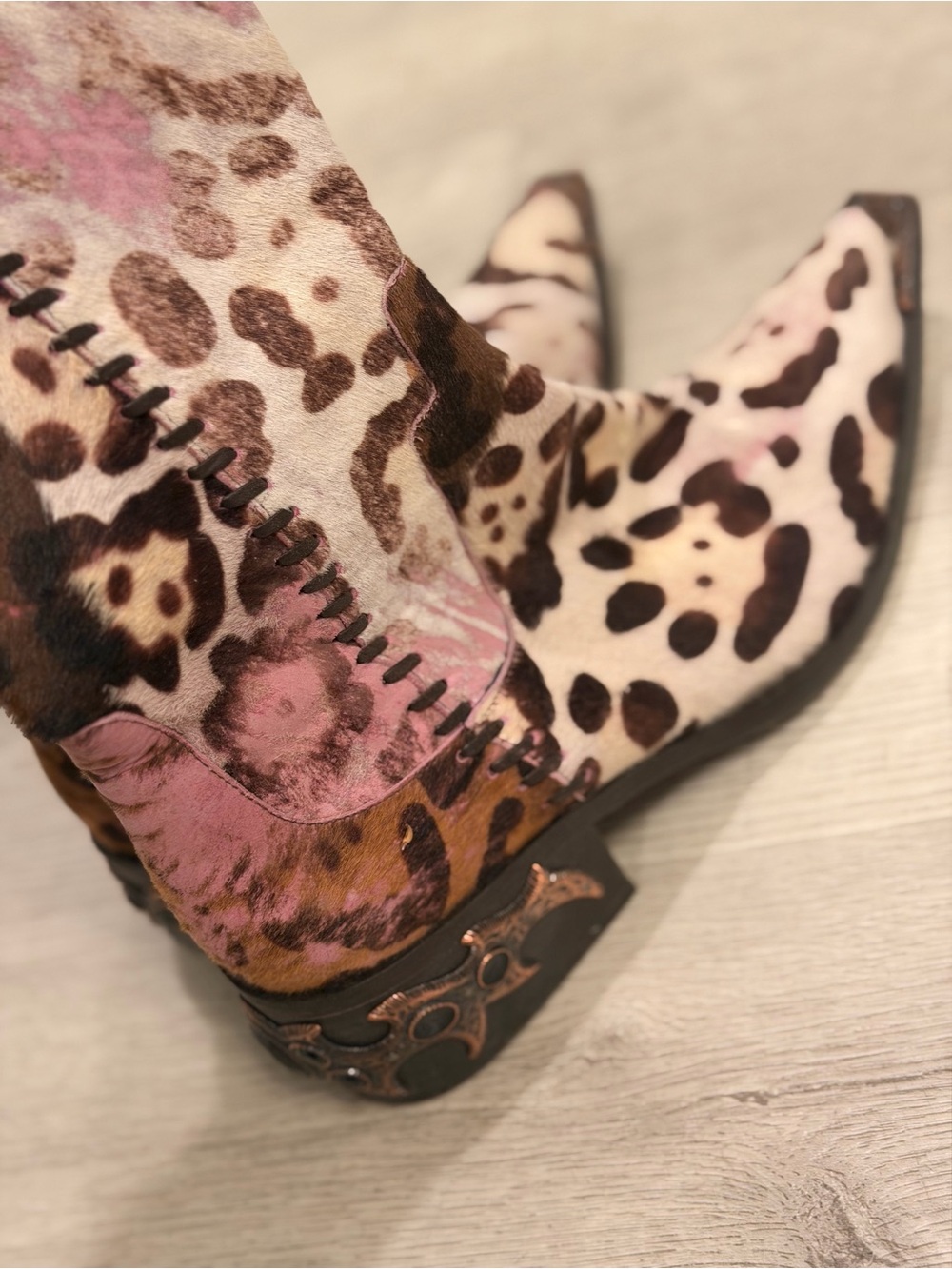 Donald J. Pliner Luxury cowhide leopard cowboy boots with decorative heel